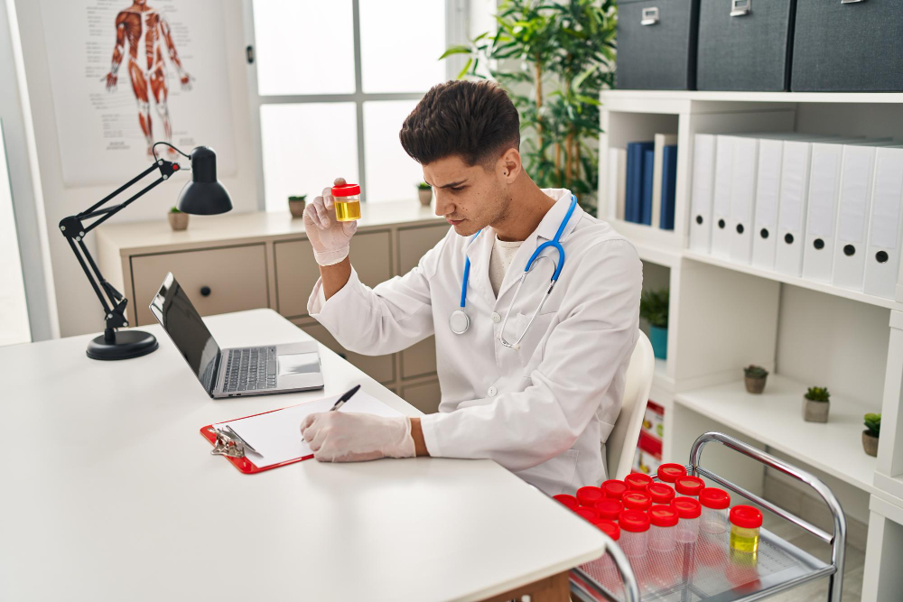 Doctor in a white coat with a stethoscope examines a specimen container while writing on a clipboard at a clinic desk.