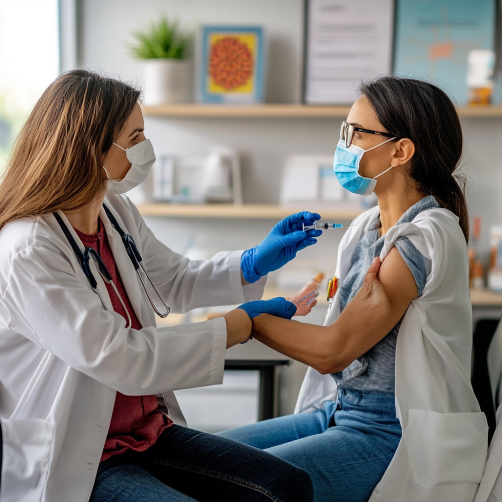 78561 Healthcare worker in a white coat wearing mask and gloves administers a vaccine to a patient in a clinic.
