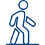 Blue line drawing of a person walking with a cane, shown in a simple icon style.